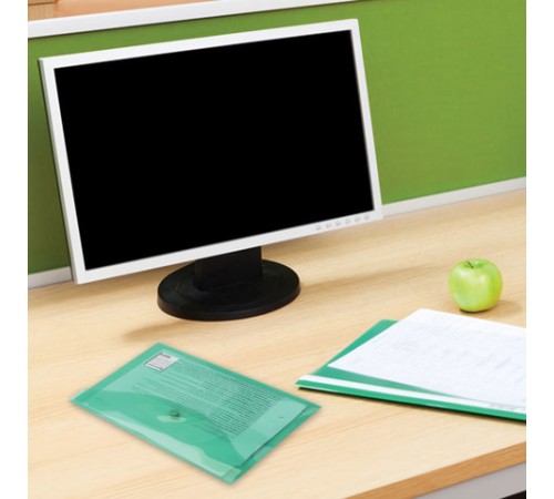 Папка-конверт с кнопкой МАЛОГО ФОРМАТА (240х190 мм), А5, прозрачная, зеленая, 0,18 мм, BRAUBERG, 224025