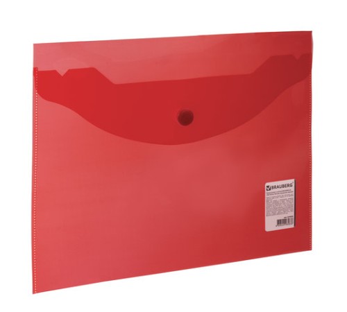 Папка-конверт с кнопкой МАЛОГО ФОРМАТА (240х190 мм), А5, прозрачная, красная, 0,18 мм, BRAUBERG, 224026