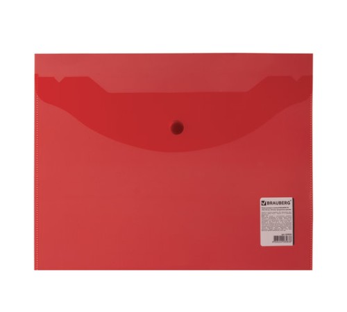 Папка-конверт с кнопкой МАЛОГО ФОРМАТА (240х190 мм), А5, прозрачная, красная, 0,18 мм, BRAUBERG, 224026