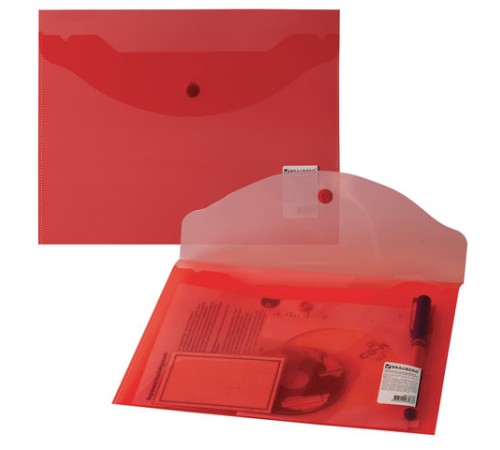 Папка-конверт с кнопкой МАЛОГО ФОРМАТА (240х190 мм), А5, прозрачная, красная, 0,18 мм, BRAUBERG, 224026