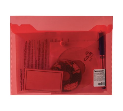 Папка-конверт с кнопкой МАЛОГО ФОРМАТА (240х190 мм), А5, прозрачная, красная, 0,18 мм, BRAUBERG, 224026