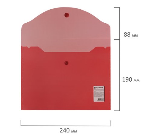 Папка-конверт с кнопкой МАЛОГО ФОРМАТА (240х190 мм), А5, прозрачная, красная, 0,18 мм, BRAUBERG, 224026
