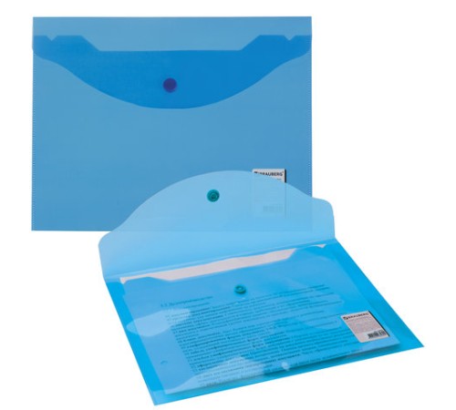 Папка-конверт с кнопкой МАЛОГО ФОРМАТА (240х190 мм), А5, прозрачная, синяя, 0,18 мм, BRAUBERG, 224027