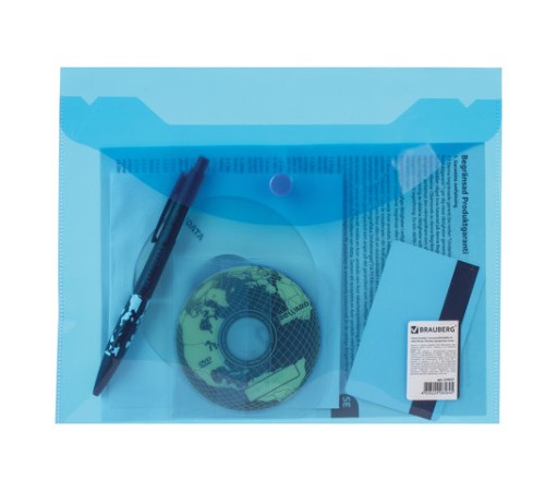 Папка-конверт с кнопкой МАЛОГО ФОРМАТА (240х190 мм), А5, прозрачная, синяя, 0,18 мм, BRAUBERG, 224027