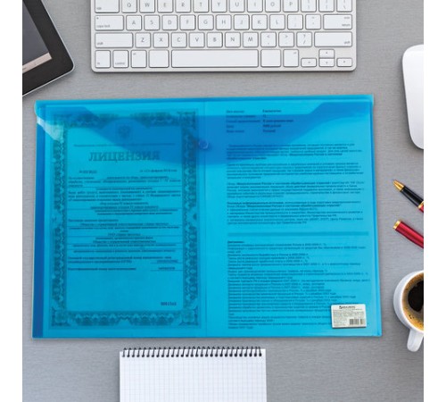 Папка-конверт с кнопкой БОЛЬШОГО ФОРМАТА (305х435 мм), А3, прозрачная, синяя, 0,18 мм, BRAUBERG, 224034