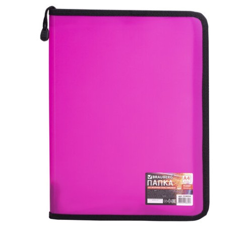 Папка на молнии пластиковая BRAUBERG, А4, 325х230 мм, 4 цвета ассорти, неоновая, 224054