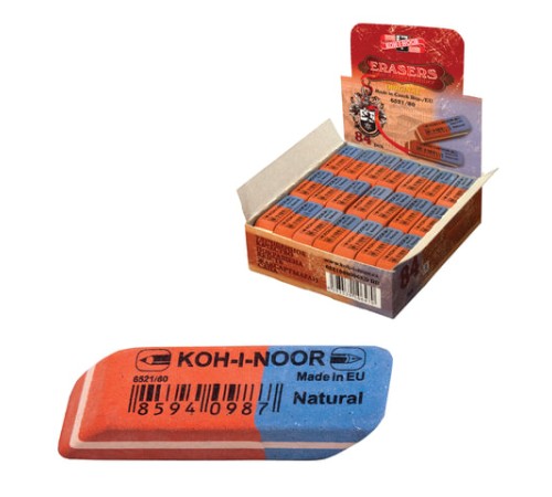 Ластик KOH-I-NOOR 6521/80, 42х14х8 мм, красно-синий, прямоугольный, скошенные края, натуральный каучук, 6521080006KDRU