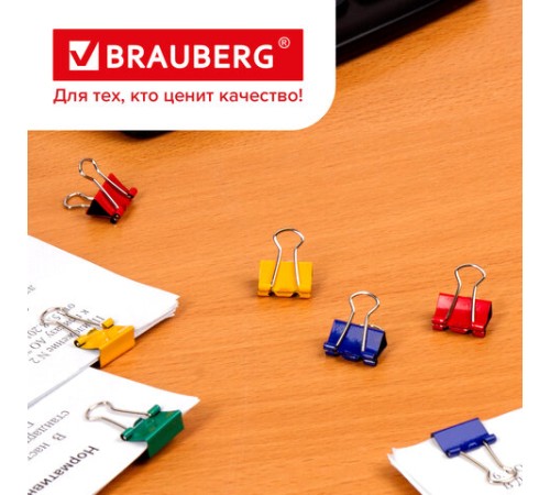 Зажимы для бумаг BRAUBERG, КОМПЛЕКТ 12 шт., 15 мм, на 45 листов, цветные, картонная коробка, 224469