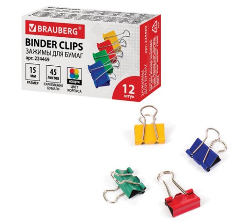 Зажимы для бумаг BRAUBERG, КОМПЛЕКТ 12 шт., 15 мм, на 45 листов, цветные, картонная коробка, 224469