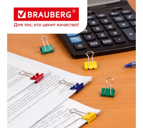 Зажимы для бумаг BRAUBERG, КОМПЛЕКТ 12 шт., 19 мм, на 60 листов, цветные, картонная коробка, 224470