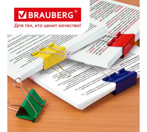 Зажимы для бумаг BRAUBERG, КОМПЛЕКТ 12 шт., 41 мм, на 200 листов, цветные, картонная коробка, 224473