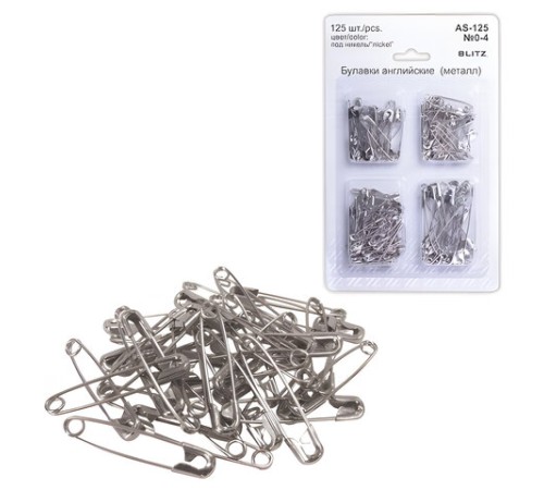 Булавки английские BLITZ, набор 125 шт., размер 0-4, никелированные, блистер, AS-125