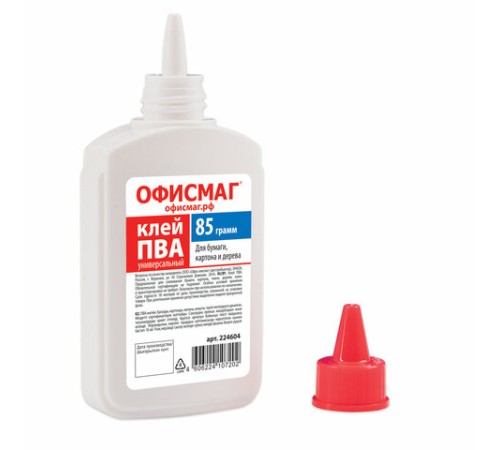 Клей ПВА ОФИСМАГ (бумага, картон, дерево), 85 г, РОССИЯ, 224604