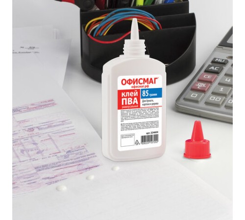 Клей ПВА ОФИСМАГ (бумага, картон, дерево), 85 г, РОССИЯ, 224604