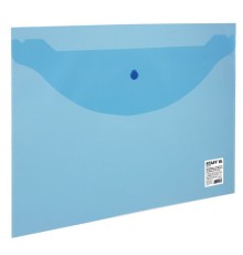 Папка-конверт с кнопкой STAFF, А4, до 100 листов, прозрачная, синяя, 0,12 мм, 224623