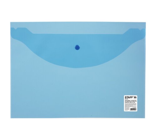 Папка-конверт с кнопкой STAFF, А4, до 100 листов, прозрачная, синяя, 0,12 мм, 224623