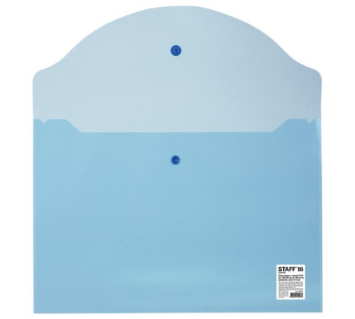 Папка-конверт с кнопкой STAFF, А4, до 100 листов, прозрачная, синяя, 0,12 мм, 224623