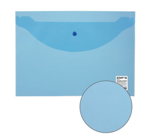 Папка-конверт с кнопкой STAFF, А4, до 100 листов, прозрачная, синяя, 0,12 мм, 224623