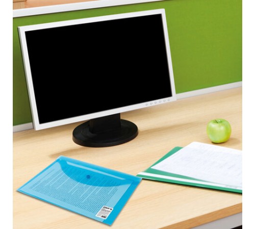 Папка-конверт с кнопкой STAFF, А4, до 100 листов, прозрачная, синяя, 0,12 мм, 224623