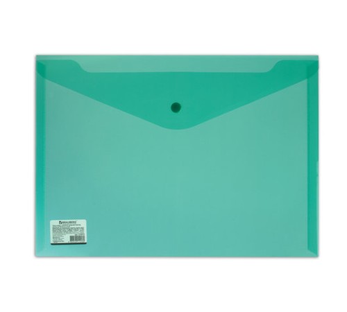 Папка-конверт с кнопкой BRAUBERG, А4, до 100 листов, прозрачная, зеленая, СВЕРХПРОЧНАЯ 0,18 мм, 224810