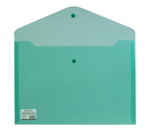 Папка-конверт с кнопкой BRAUBERG, А4, до 100 листов, прозрачная, зеленая, СВЕРХПРОЧНАЯ 0,18 мм, 224810