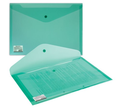 Папка-конверт с кнопкой BRAUBERG, А4, до 100 листов, прозрачная, зеленая, СВЕРХПРОЧНАЯ 0,18 мм, 224810