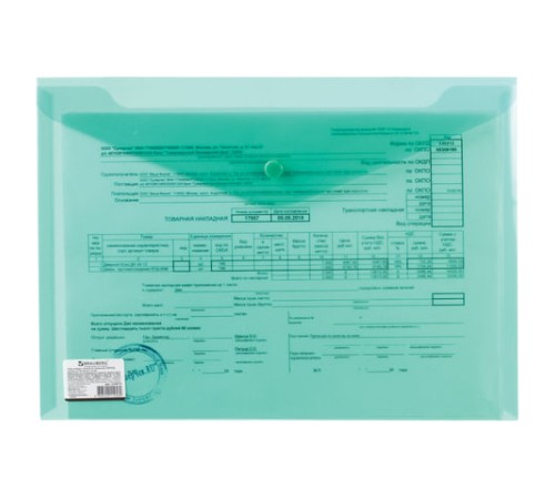 Папка-конверт с кнопкой BRAUBERG, А4, до 100 листов, прозрачная, зеленая, СВЕРХПРОЧНАЯ 0,18 мм, 224810