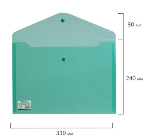 Папка-конверт с кнопкой BRAUBERG, А4, до 100 листов, прозрачная, зеленая, СВЕРХПРОЧНАЯ 0,18 мм, 224810