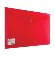 Папка-конверт с кнопкой BRAUBERG, А4, до 100 листов, прозрачная, красная, СВЕРХПРОЧНАЯ 0,18 мм, 224812