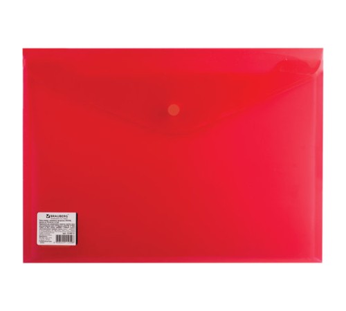 Папка-конверт с кнопкой BRAUBERG, А4, до 100 листов, прозрачная, красная, СВЕРХПРОЧНАЯ 0,18 мм, 224812