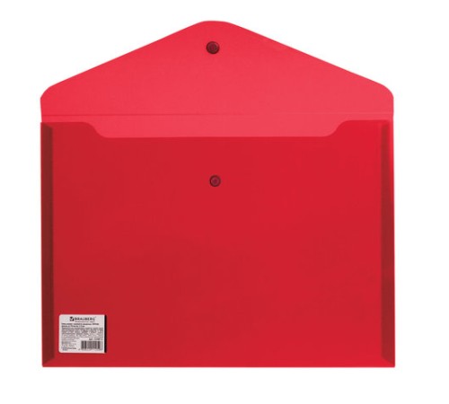 Папка-конверт с кнопкой BRAUBERG, А4, до 100 листов, прозрачная, красная, СВЕРХПРОЧНАЯ 0,18 мм, 224812