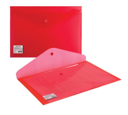 Папка-конверт с кнопкой BRAUBERG, А4, до 100 листов, прозрачная, красная, СВЕРХПРОЧНАЯ 0,18 мм, 224812