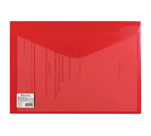 Папка-конверт с кнопкой BRAUBERG, А4, до 100 листов, прозрачная, красная, СВЕРХПРОЧНАЯ 0,18 мм, 224812