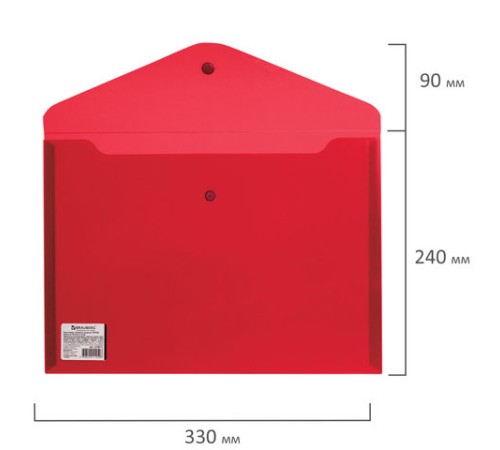 Папка-конверт с кнопкой BRAUBERG, А4, до 100 листов, прозрачная, красная, СВЕРХПРОЧНАЯ 0,18 мм, 224812