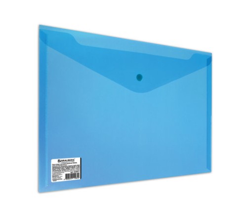Папка-конверт с кнопкой BRAUBERG, А4, до 100 листов, прозрачная, синяя, СВЕРХПРОЧНАЯ 0,18 мм, 224813
