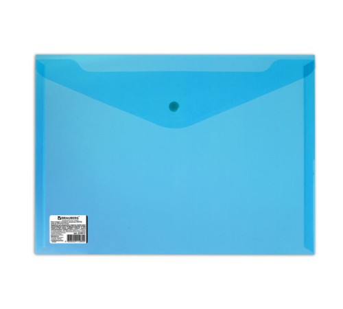 Папка-конверт с кнопкой BRAUBERG, А4, до 100 листов, прозрачная, синяя, СВЕРХПРОЧНАЯ 0,18 мм, 224813