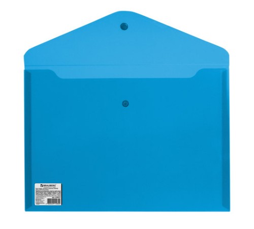 Папка-конверт с кнопкой BRAUBERG, А4, до 100 листов, прозрачная, синяя, СВЕРХПРОЧНАЯ 0,18 мм, 224813