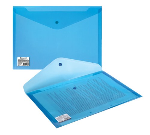 Папка-конверт с кнопкой BRAUBERG, А4, до 100 листов, прозрачная, синяя, СВЕРХПРОЧНАЯ 0,18 мм, 224813