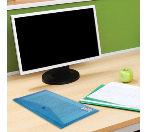 Папка-конверт с кнопкой BRAUBERG, А4, до 100 листов, прозрачная, синяя, СВЕРХПРОЧНАЯ 0,18 мм, 224813