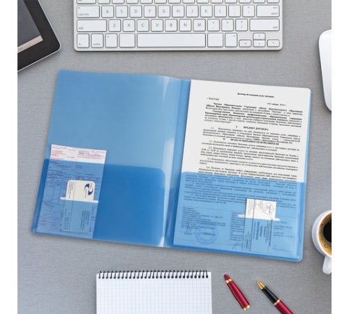 Папка-уголок с 2 карманами BRAUBERG, синяя, 0,18 мм, 224883