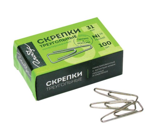 Скрепки, 31 мм, никелированные, с загнутым краем, треугольные, 100 шт., в картонной коробке, GLOBUS, С31-100Н