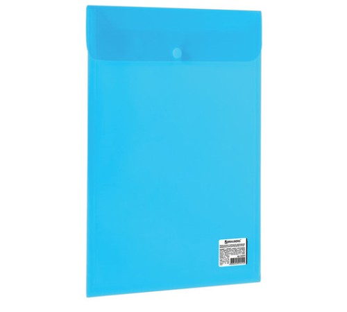 Папка-конверт с кнопкой BRAUBERG, вертикальная, А4, до 100 листов, прозрачная, синяя, 0,15 мм, 224977