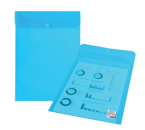 Папка-конверт с кнопкой BRAUBERG, вертикальная, А4, до 100 листов, прозрачная, синяя, 0,15 мм, 224977