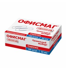 Скрепки ОФИСМАГ, 33 мм, никелированные, 100 шт., в картонной коробке, 225153