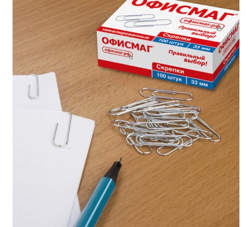 Скрепки ОФИСМАГ, 33 мм, никелированные, 100 шт., в картонной коробке, 225153