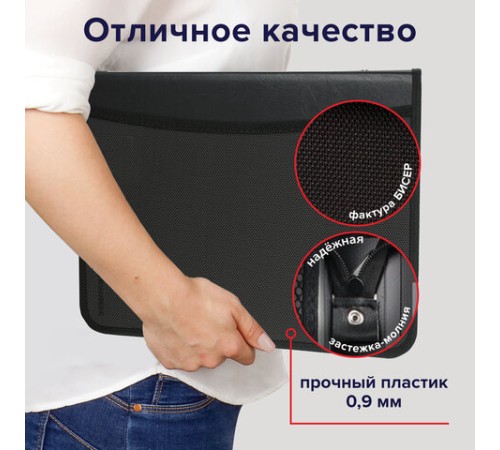 Папка на молнии пластиковая BRAUBERG, А4, 350х282х33 мм, 2 отделения, 4 кармана, бизнес-класс, черная, 225166