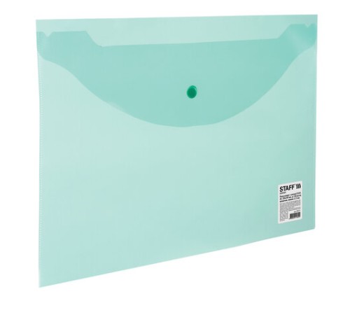 Папка-конверт с кнопкой STAFF, А4, до 100 листов, прозрачная, зеленая, 0,12 мм, 225171