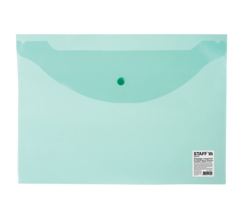 Папка-конверт с кнопкой STAFF, А4, до 100 листов, прозрачная, зеленая, 0,12 мм, 225171