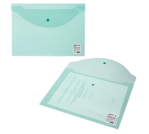Папка-конверт с кнопкой STAFF, А4, до 100 листов, прозрачная, зеленая, 0,12 мм, 225171