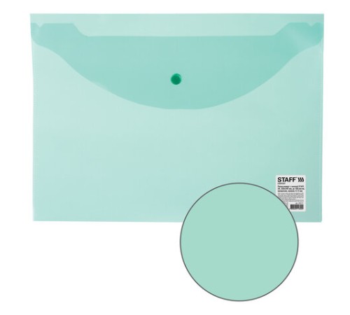 Папка-конверт с кнопкой STAFF, А4, до 100 листов, прозрачная, зеленая, 0,12 мм, 225171